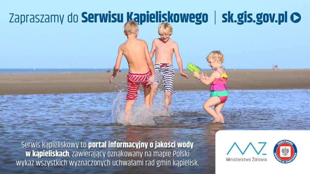 Plakat z informacją o serwisie kąpieliskowym www.sk.gis.gov.pl